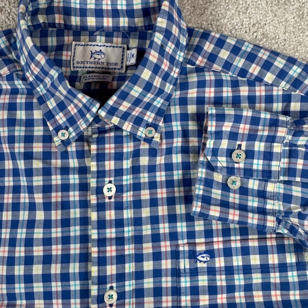 Southern Tide Mens Medium Classic Fit Blue Gingham Plaid Stretch Button Down